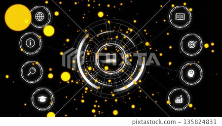Displaying laptop icon surrounded by HUD rings on black interface, with nodes and yellow glow 135824831