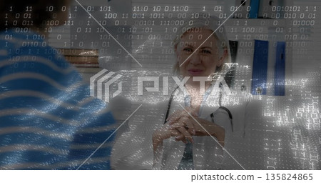Conducting consultation physician wearing lab coat, stethoscope in clinic with computer, copy space Conducting consultation physician wearing lab coat, stethoscope in clinic with computer, copy space 135824865