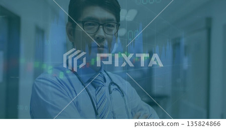 Standing Chinese male doctor crossing arms in hospital hallway, showing candlestick chart overlays Standing Chinese male doctor crossing arms in hospital hallway, showing candlestick chart overlays 135824866
