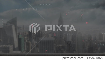 Showcasing central pointed tower among skyline from rooftop, with binary overlay and red symbols Showcasing central pointed tower among skyline from rooftop, with binary overlay and red symbols 135824868