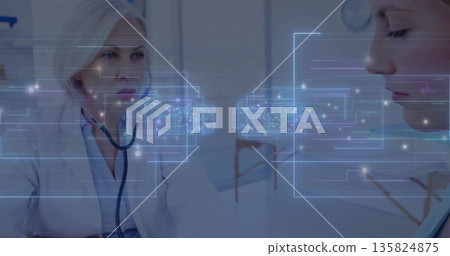 Examining doctor in lab coat using stethoscope on patient in clinic with holograms, copy space Examining doctor in lab coat using stethoscope on patient in clinic with holograms, copy space 135824875