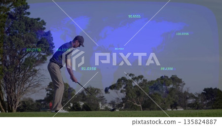 Standing golfer wearing navy polo addressing golf ball on tee box, driver and world map overlay Standing golfer wearing navy polo addressing golf ball on tee box, driver and world map overlay 135824887