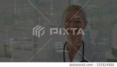 Smiling doctor wearing white coat and stethoscope in glass room with digital overlay, copy space Smiling doctor wearing white coat and stethoscope in glass room with digital overlay, copy space 135824888