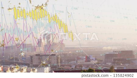 Displaying translucent overlay with candlesticks line graphs over urban skyline, with times symbols Displaying translucent overlay with candlesticks line graphs over urban skyline, with times symbols 135824902