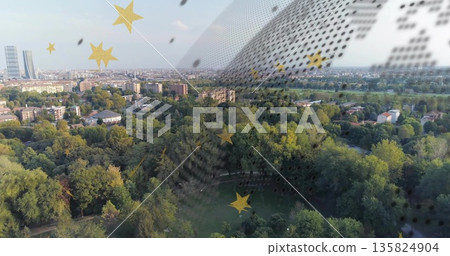 Displaying cityscape from elevated view over park and homes, with dotted mesh, yellow star graphics 135824904
