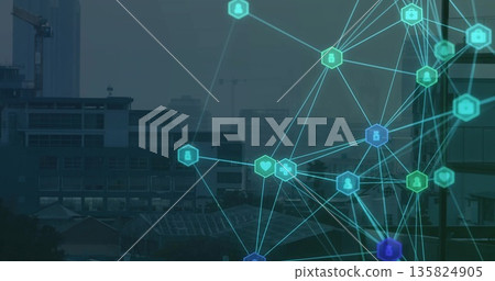 Displaying digital network overlay over city skyline, with hexagon nodes and medical icons 135824905