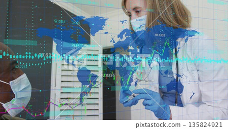 Presenting female doctor holding syringe in clinic, wearing mask, stethoscope and blue gloves Presenting female doctor holding syringe in clinic, wearing mask, stethoscope and blue gloves 135824921