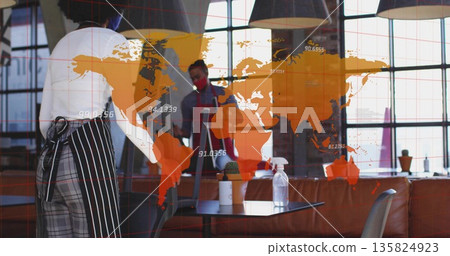 Cleaning woman in apron wiping cafe table, with spray bottle, world map data overlay, copy space Cleaning woman in apron wiping cafe table, with spray bottle, world map data overlay, copy space 135824923