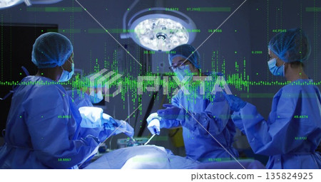 Performing surgical team operating on patient in operating room, with scalpel and waveform overlay 135824925