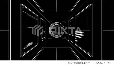 Floating central circular display in virtual control interface, with border frames and data panels Floating central circular display in virtual control interface, with border frames and data panels 135824930