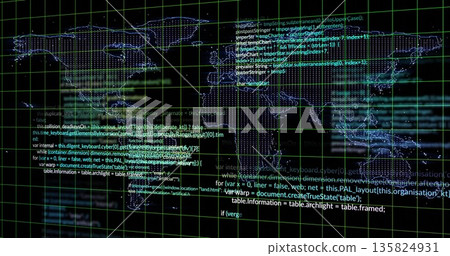 Displaying dotted world map outline with glowing nodes and code snippets over neon grid interface Displaying dotted world map outline with glowing nodes and code snippets over neon grid interface 135824931