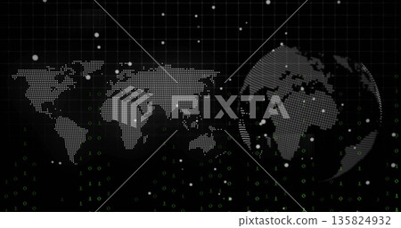 Displaying UI showcasing dotted world map and globe on dark grid lines, with floating binary digits Displaying UI showcasing dotted world map and globe on dark grid lines, with floating binary digits 135824932