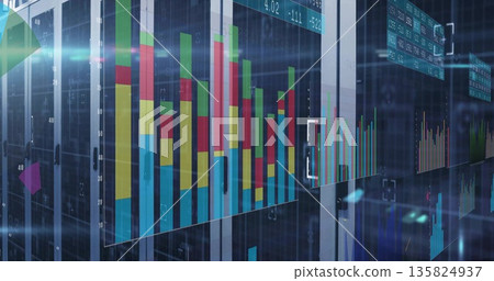 Displaying transparent panels showing multicolored bar charts in data center, with LED server racks 135824937