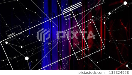 Displaying digital network on split blue red background, with white frames and nodes 135824938