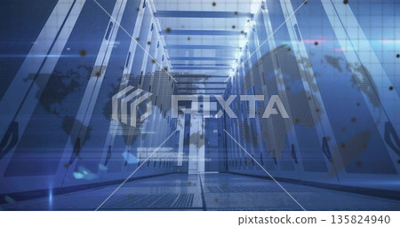 Stretching data center corridor showcasing LED panels, perforated floor grates, digital map overlay Stretching data center corridor showcasing LED panels, perforated floor grates, digital map overlay 135824940