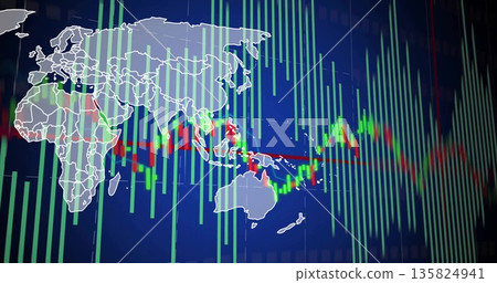 Displaying white world map outline with green bars, candlesticks and red trendline on interface 135824941