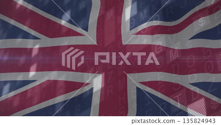 Displaying Union Jack flag filling frame on data grid, with code and light streaks 135824943