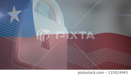 Displaying padlock icon on digital Chilean flag with circuit-board traces and horizontal neon lines Displaying padlock icon on digital Chilean flag with circuit-board traces and horizontal neon lines 135824945
