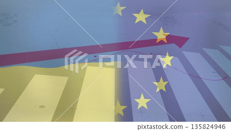 Displaying red upward arrow moving over striped chart with golden stars, grid lines and data curve Displaying red upward arrow moving over striped chart with golden stars, grid lines and data curve 135824946