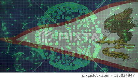 Central sphere displaying glowing green nodes in grid with lines, red beam, eagle spear emblem Central sphere displaying glowing green nodes in grid with lines, red beam, eagle spear emblem 135824947