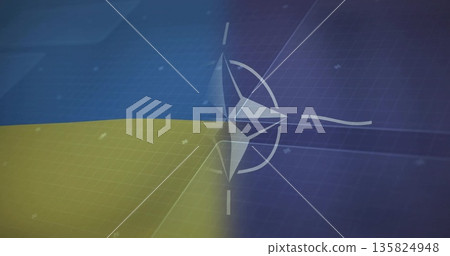 Displaying NATO compass rose emblem floating across split digital grid with Ukraine flag overlay Displaying NATO compass rose emblem floating across split digital grid with Ukraine flag overlay 135824948