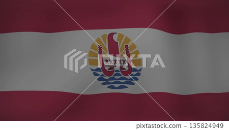 Displaying red-white-red triband flag waving on backdrop featuring stylized canoe, waves, sun rays Displaying red-white-red triband flag waving on backdrop featuring stylized canoe, waves, sun rays 135824949