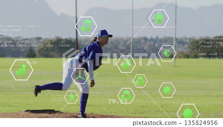 Female athlete in blue uniform releasing pitch on mound at grass field, with glove, data overlays 135824956