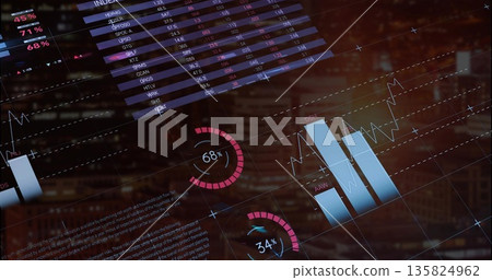 Displaying dashboard over office window at dusk, with table of indices, bar charts, gauges Displaying dashboard over office window at dusk, with table of indices, bar charts, gauges 135824962