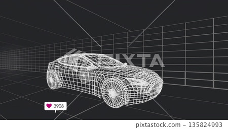 Floating wireframe coupe hovering in virtual studio, with grid walls and heart-icon counter 3908 Floating wireframe coupe hovering in virtual studio, with grid walls and heart-icon counter 3908 135824993