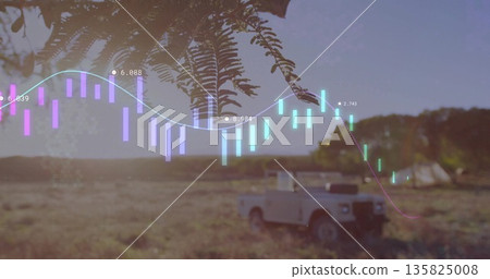 Parking white off-road vehicle in grassy field under branch by tent, with data overlay, copy space Parking white off-road vehicle in grassy field under branch by tent, with data overlay, copy space 135825008