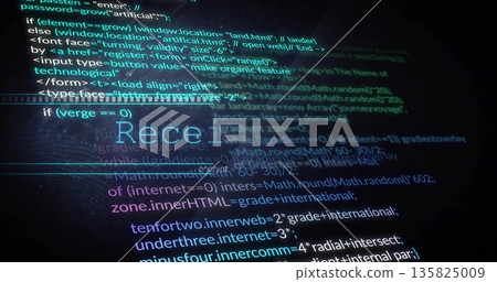 Displaying syntax-highlighted code editor on office desk, with computer monitor and Rece1 overlay Displaying syntax-highlighted code editor on office desk, with computer monitor and Rece1 overlay 135825009