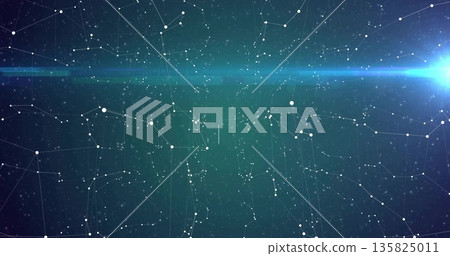 Depicting white round nodes linked by thin lines on gradient with horizontal light band, lens flare Depicting white round nodes linked by thin lines on gradient with horizontal light band, lens flare 135825011