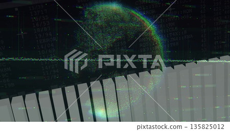 Displaying central point-cloud globe on interface with numeric overlay, waveform, bar chart Displaying central point-cloud globe on interface with numeric overlay, waveform, bar chart 135825012