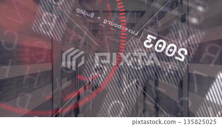 Showing server rack corridor in data center, displaying red data arcs and blinking LEDs 135825025