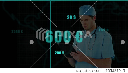 Monitoring doctor in scrubs tracking currency data on map UI, with tablet, stethoscope, copy space Monitoring doctor in scrubs tracking currency data on map UI, with tablet, stethoscope, copy space 135825045