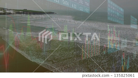 Rolling ocean waves merging on coastal shore, with financial charts, data panels and grid overlays Rolling ocean waves merging on coastal shore, with financial charts, data panels and grid overlays 135825061