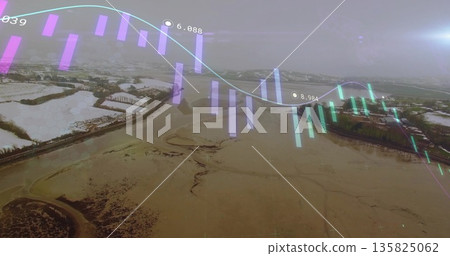 Displaying aerial farmland with snowy fields and flooded patches, showing financial chart overlay 135825062