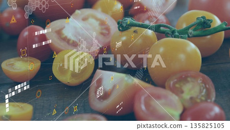 Displaying yellow cherry tomato cluster hanging on green vine at lab bench, with digital overlay Displaying yellow cherry tomato cluster hanging on green vine at lab bench, with digital overlay 135825105