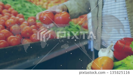 Picking shopper wearing jacket holding red tomatoes at counter with digital map overlay, copy space Picking shopper wearing jacket holding red tomatoes at counter with digital map overlay, copy space 135825116