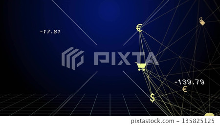 Showing graph connecting euro and dollar with cart, padlock on grid, negative values, copy space Showing graph connecting euro and dollar with cart, padlock on grid, negative values, copy space 135825125