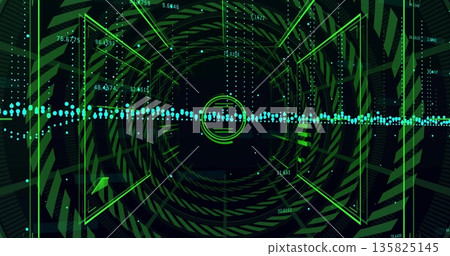 Rotating glowing green circle revolving in data tunnel, with turquoise stream, neon polygon frames Rotating glowing green circle revolving in data tunnel, with turquoise stream, neon polygon frames 135825145
