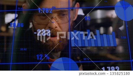 Bearded engineer with goggles analyzing data in lab, with bar chart and pie chart overlays Bearded engineer with goggles analyzing data in lab, with bar chart and pie chart overlays 135825180
