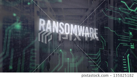 Hovering white RANSOMWARE text over racks with blinking lights in server room, with circuit overlay 135825182