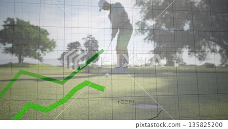 Merging mature male golfer putting ball on putting green, with clear performance data overlay Merging mature male golfer putting ball on putting green, with clear performance data overlay 135825200