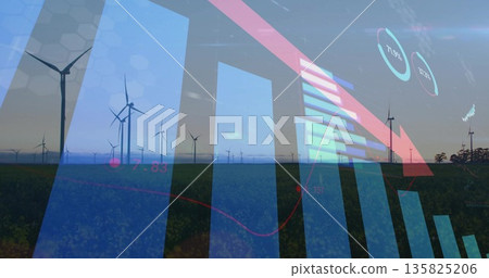 Displaying wind turbine spinning on grass field, with digital energy analytics overlays Displaying wind turbine spinning on grass field, with digital energy analytics overlays 135825206