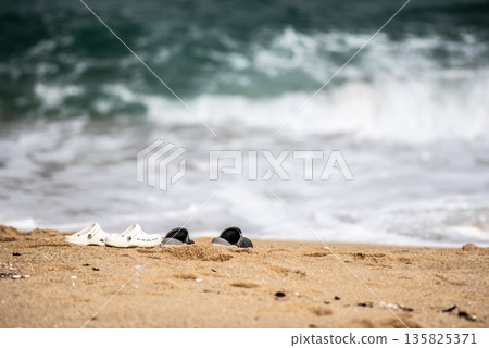 Shoes on Sandy Beach with Ocean Waves Shoes on Sandy Beach with Ocean Waves 135825371