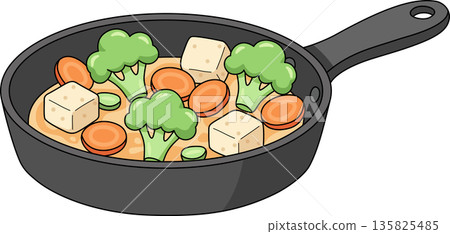 Hand Drawn Minimalist Illustration of Healthy Vegan Tofu Stir-Fry with Broccoli and Carrots in a Frying Pan for Cooking and Wellness Decor Hand Drawn Minimalist Illustration of Healthy Vegan Tofu Stir-Fry with Broccoli and Carrots in a Frying Pan for Cooking and Wellness Decor 135825485