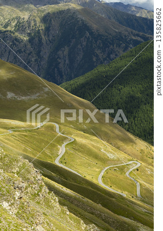 Winding mountain road M2205 in French Alps landscape 135825662