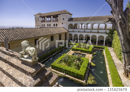 Alhambra Generalife gardens with lion statue, Granada, Spain 135825679