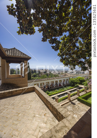 Generalife gardens viewpoint overlooking Alhambra palace in Granada, Spain 135825681
